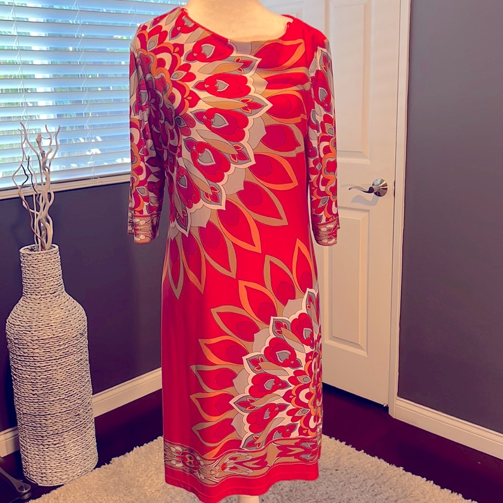 Sandra Darren dress in spring multi pattern colors.